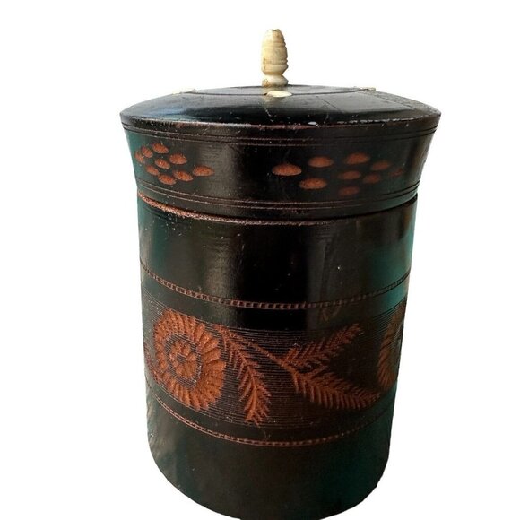 Lidded Jar Pot Hand Carved‎ Black Brown Wood Floral Design 5" H VTG - Picture 3 of 9